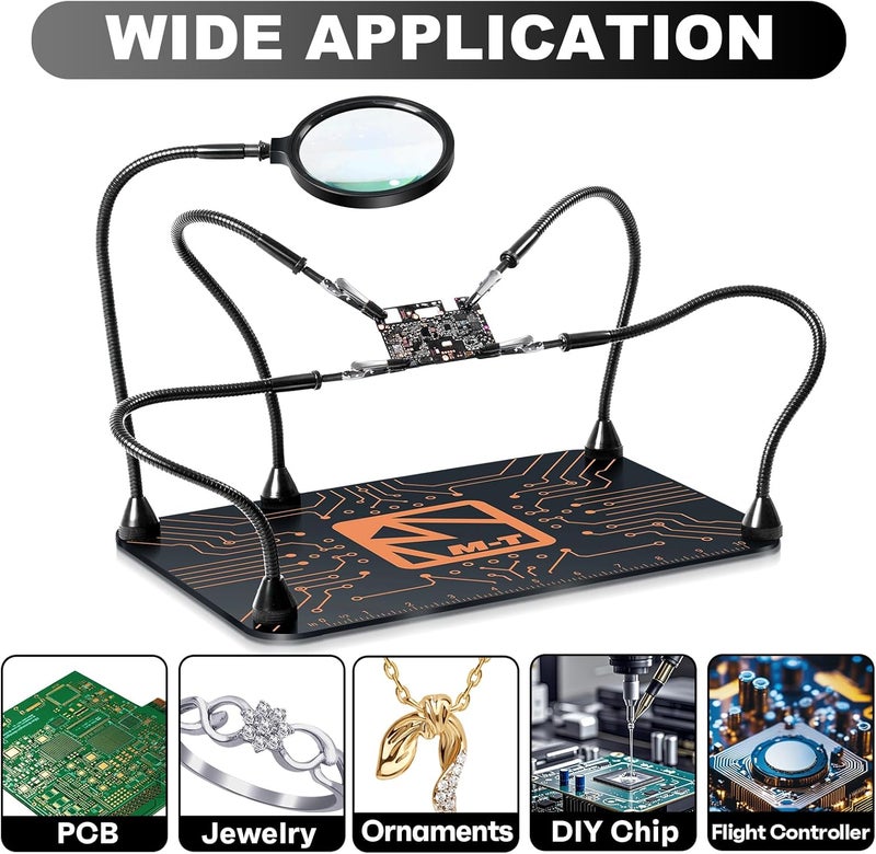 MT Helping Hands Soldering Station, Magnetic Third Hand Tool PCB Holder with 5X Magnifying Glass 13x9 IN Non-Slip Steel Weighted Base 4 Arms for Electronic Repair Soldering Jewelry Crafts and Welding - Image 4